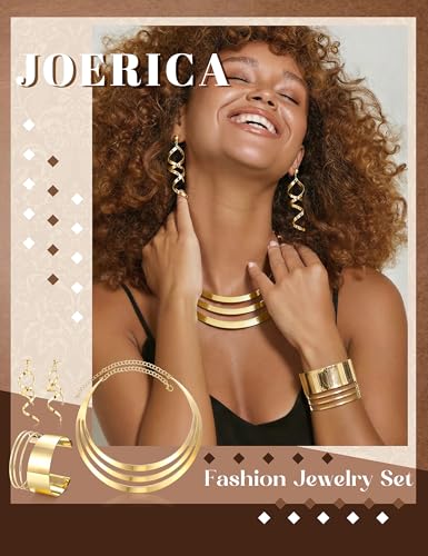 JOERICA Bib Choker Necklace Set for Women Wide Cuff Bangle Bracelets Long Statement Dangle Earrings African Costume Jewelry Set - color: Gold Tone