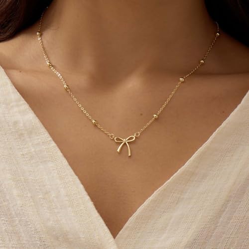 Thaivor Necklace for Women Dainty Bow Necklace 14K Gold Plated Cute Choker Small Pendant Charm Necklaces Teen Gift Trendy Stuff Personalized Jewelry Gifts - color: Gold-Bead-1
