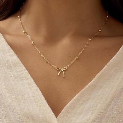 Thaivor Necklace for Women Dainty Bow Necklace 14K Gold Plated Cute Choker Small Pendant Charm Necklaces Teen Gift Trendy Stuff Personalized Jewelry Gifts - color: Gold-Bead-1