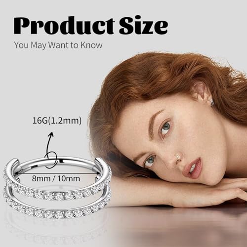 G23 Titanium Conch Piercing Jewelry Hoop: 16G 8mm/10mm/12mm Diamond Cartilage Earring Helix Double Piercing Hoop Septum Rings Hypoallergenic Nose Rings Hinged Segment Clicker Lip Rings Rook Daith Tragus Earrings - color: Silver-Double Layers, Two Rows CZ