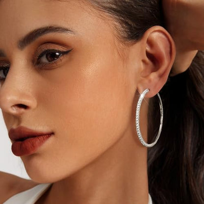 Hoop Earrings for Women, 14K Gold Sterling Silver Chunky Twisted Hoops Earring Hypoallergenic Ear Jewelry - color: Silver-75mm