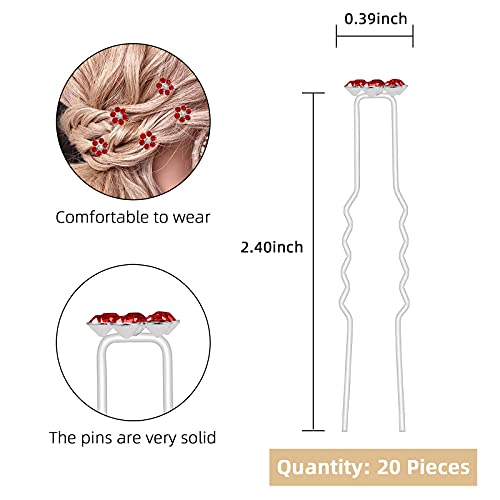 QIUTIMIY 20 Pack (Red) Crystal Flower Hair Pins Rhinestone Hair Clips for Bridal Wedding Women Hair Jewelry Accessories, with Clear Container - color: Crystal Flower-Red