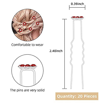QIUTIMIY 20 Pack (Red) Crystal Flower Hair Pins Rhinestone Hair Clips for Bridal Wedding Women Hair Jewelry Accessories, with Clear Container - color: Crystal Flower-Red