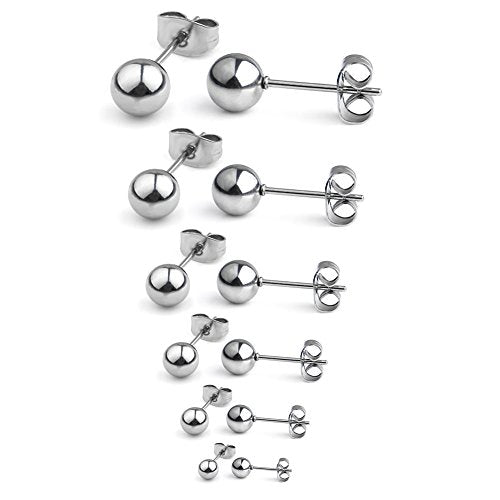 20G Stainless Steel Ball Stud Earrings for Men Women Round 3-8mm 6Pairs - color: 6Pairs - Silver
