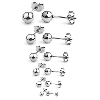 20G Stainless Steel Ball Stud Earrings for Men Women Round 3-8mm 6Pairs - color: 6Pairs - Silver