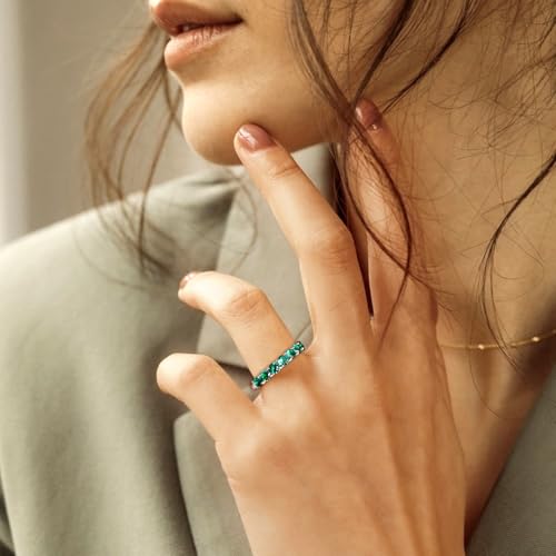 3.5mm Stackable Rings S925 Sterling Silver Created Birthstone & Cubic Zirconia Ring for Women Wedding Bands Anniversary Birthday Jewelry Size 6 to 10(with Box) - color: 05-Created Emerald-May