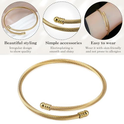 Jewelers Stainless Steel Cable Wire Open Cuff Adjustable Size - color: Gold