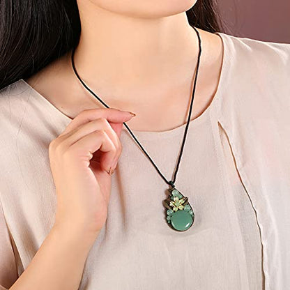 Natural Jade Stone Necklace, Adjustable Rope Chain Length Lucky Protection Friendship Charm Pendant Necklace for Women Friends Gifts
