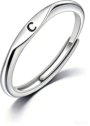 Thin Stacking Initial Rings for Women Stackable Plain Letter Ring Open Adjustable Silver Capital Alphabet Letter Band Ring - color: C