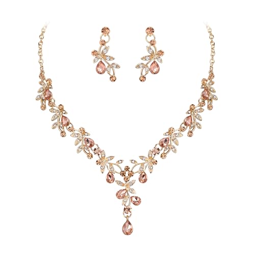 BriLove Wedding Jewelry Set for Women Bride, Y-Necklace Dangle Earrings Crystal Teardrop Leaf Flower Cluster Bridal Bridesmaid - color: 04-Champagne
