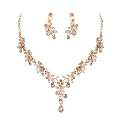 BriLove Wedding Jewelry Set for Women Bride, Y-Necklace Dangle Earrings Crystal Teardrop Leaf Flower Cluster Bridal Bridesmaid - color: 04-Champagne