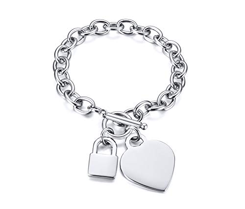 VNOX Personalized Initial Name Stainless Steel Trendy Cable Chain Bracelet Neckalce Set with Padlock Heart Charm and Toggle Clasp Closure - color: Silver Bracelet