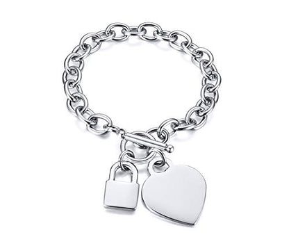 VNOX Personalized Initial Name Stainless Steel Trendy Cable Chain Bracelet Neckalce Set with Padlock Heart Charm and Toggle Clasp Closure - color: Silver Bracelet
