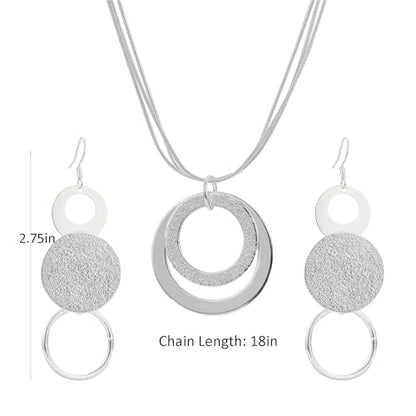 3 Circles Silver Hoop Earrings Necklace Set for Women Geometric Jewelry Set | 925 Silver Hypoallergenic Small Hoop Circle Geometry Textured Finish Minimalist Style Comfortable Wear - style: 2 Hoop