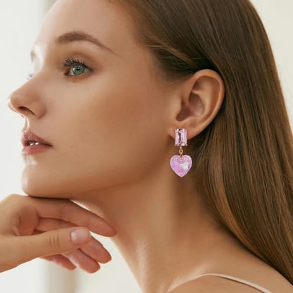 Crystal Heart Teardrop Dangle Earrings for Women Hypoallergenic Multicolor Cubic Zirconia Drop Earrings for Wedding Prom Party Daily Wear - color: Heartpink