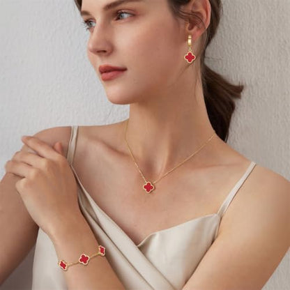 18K Gold Plated Lucky Clover Jewelry Set, Birthday Gifts for Women | Stainless Steel Hypoallergenic,Black White Red Four Leaf Clover Bracelet Necklace Earrings set, Daily Wear, Gifts for Women - color: Clover Set-Red