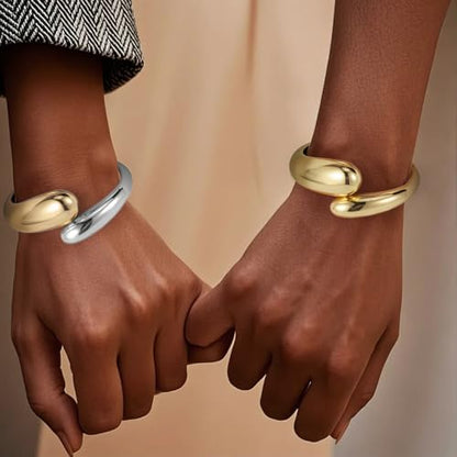 Emibele Cuff Bracelet Stack, 18K Gold-plated Open Bangle Bracelet, Teardrop Hinged Thick Wrist Chunky Bracelet Set for Women, Non Tarnish Jewelry Gift, 2 Pack - color: Gold Sliver