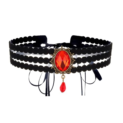 PINK TOWN Gothic Lace Choker Necklace for Women,Vintage Red Black Crystal Pendant Necklaces Punk Style Vampire Necklace Hollowed Out Layer Necklaces Halloween Jewelry Accessories - color: Red