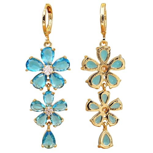 18K Gold Plated Flower Dangle Earrings for Women, Hypoallergenic Cubic Zirconia Earrings, Elegant CZ Drop Earrings, Statement Jewelry Gifts Party Fashion - style: Flower-Blue