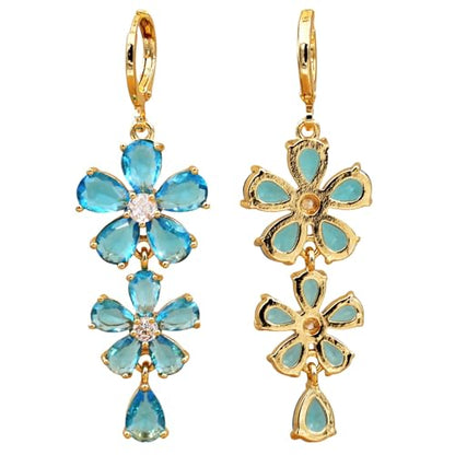 18K Gold Plated Flower Dangle Earrings for Women, Hypoallergenic Cubic Zirconia Earrings, Elegant CZ Drop Earrings, Statement Jewelry Gifts Party Fashion - style: Flower-Blue