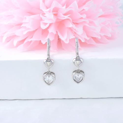 Heart Earrings for Women Girls-Sterling Silver Heart Dangle Hoop Earrings with Charm Love Huggie Hoop Earrings Hypoallergenic Delicate Jewelry Gifts for Women Girls Birthday - color: CZ Double Heart Earrings