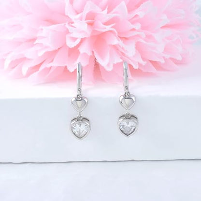 Heart Earrings for Women Girls-Sterling Silver Heart Dangle Hoop Earrings with Charm Love Huggie Hoop Earrings Hypoallergenic Delicate Jewelry Gifts for Women Girls Birthday - color: CZ Double Heart Earrings