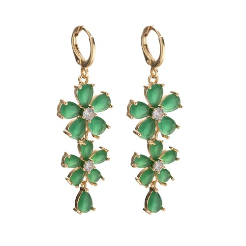 18K Gold Plated Flower Dangle Earrings for Women, Hypoallergenic Cubic Zirconia Earrings, Elegant CZ Drop Earrings, Statement Jewelry Gifts Party Fashion - style: 7098-Flower-Green