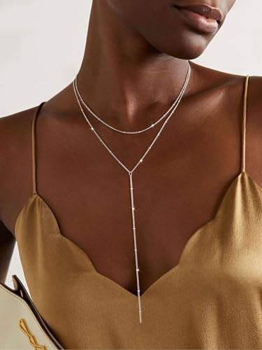 Lariat Gold Necklace for Women, Dainty Long Necklaces 14k Gold Plated Y-Shaped Layered Drop Necklaces for Women Trendy Simple Gold Jewelry for Prom Vacation Gifts - color: Layered Satellite Chain-Silver