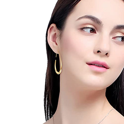 Lightweight Teardrop Hoop Earrings for Women - 14k Gold/White Gold Plated Large Oval Pull Through Hoop Earrings High Polished Statement Jewelry Gift for Women - color: gold 30*18