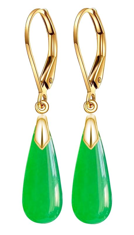 Natural Waterdrop Stone Drop Earrings,Yellow Gold Plated Real Genuine Teardrop Crystal Quartz Gemstone Dangle Earrings for Women Her - color: B02_Emerald