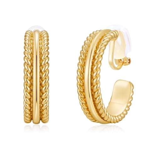 Clip on Earrings for Women Silver and Gold Plated Twisted Rope Hoops Non Pierced C Hoop Earring Lightweight Two Tone Clips Mixed Metal Jewelry Gifts - color: Twisted Hoop-gold