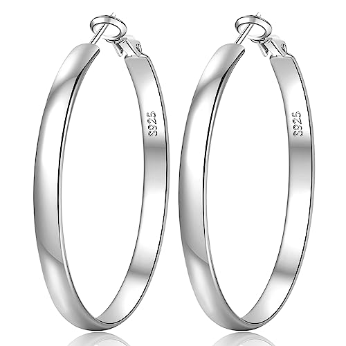 EXGOX 5mm Wide Gold Hoop Earrings for Women,Sterling Silver Hoop Earrings Large Silver Hoop Earrings Hypoallergenic Lightweight 14K Real Gold Plated Big Hoop Earrings for Women 30/40/50/60/70mm - color: Silver Color/70MM