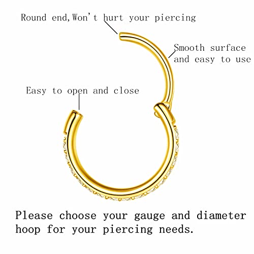 316L Surgical Steel Seamless Nose Ring Cartilage Hoop Silver/Gold/Rose Gold/Black 16G 18G 20G 6mm-12mm CZ Paved Helix Rook Tragus Lobe Body Pierecing Jewelry Segment Clicker Lip Rings Rook Earrings - color: Gold, size: 20 Gauge 6mm
