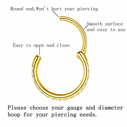 316L Surgical Steel Seamless Nose Ring Cartilage Hoop Silver/Gold/Rose Gold/Black 16G 18G 20G 6mm-12mm CZ Paved Helix Rook Tragus Lobe Body Pierecing Jewelry Segment Clicker Lip Rings Rook Earrings - color: Gold, size: 20 Gauge 6mm