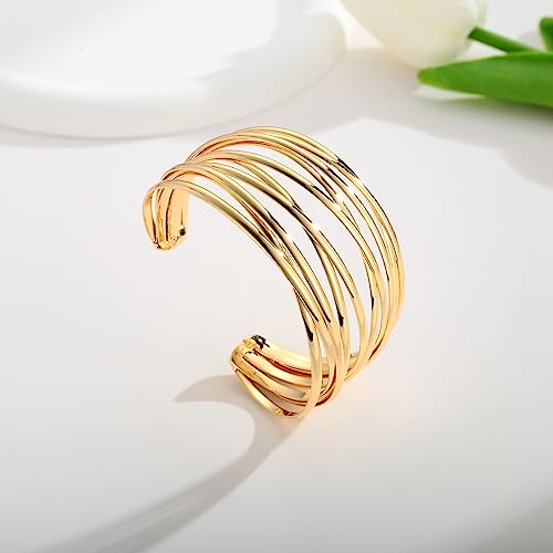 Gold Cuff Bracelet for Women Chunky Multi-layer Cross Wire Open Bracelet Hollow Wide Cuff Bracelets Adjustable Gold Open Cuff Bangle Bracelet - color: Wide Wire Gold Bracelet