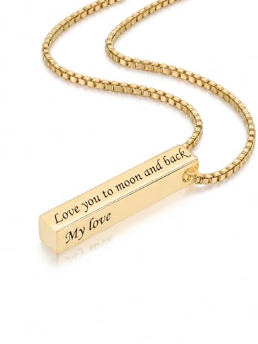 OJK 14K Gold Bar Necklace for Women Minimalist Engraved Pendant Love Message Necklaces Anniversary Birthday Jewelry Gifts for Wife Mom Sister Her - color: 04-Love