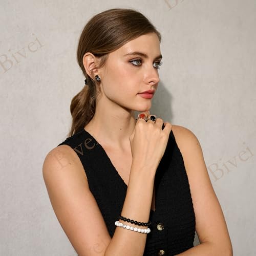 Bivei 8mm Beaded Bracelets for Women Handmade Semi Precious Natural Stone Stretch Elastic Jewelry Yoga Protection Gifts - color: Black Obsidian - Strength, size: Large 8-8.27 inch
