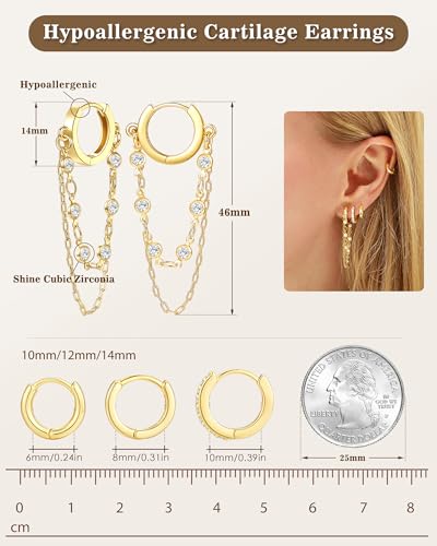 Tassel Chain Small Gold Hoop Dangle Earring For Women Huggie Earring Heart Star CZ 14K Gold Plated Fashion Jewelry Graduation Gift for Her Mothers Day Gifts for Mom - color: Gold-4 Pairs A