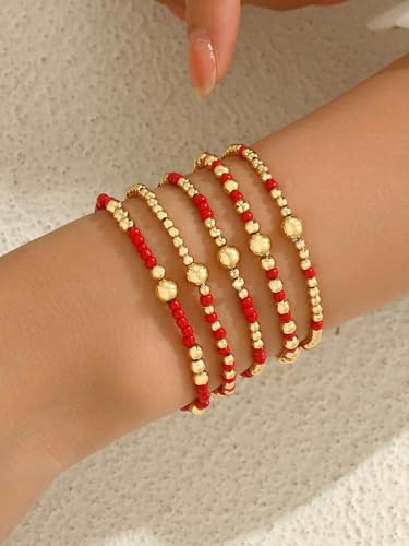 LOTSOF Bohemia Multilayer Beaded Bracelet Set, Turquoise Resin Colorful Surfer Heishi Style Elastic Spring Clasp Friendship Elastic Wristbands Summer Beach Boho Vacation Jewelry - color: Red