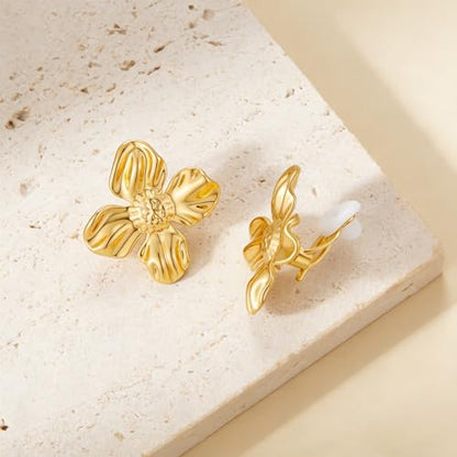 Chunky Flower Clip on Earrings for Women 14K Gold Plated No Piercing Floral Stud Earring Lightweight Jewelry Gifts - color: Flower-A-gold