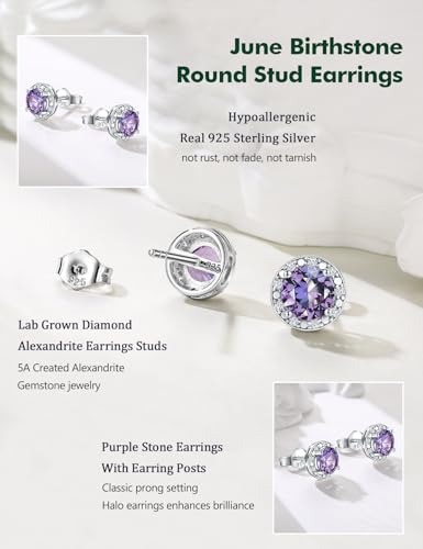 Dainty Birthstone Earrings for Women Sterling Silver Small Stud Earrings with Halo Cushion/Round Created Gemstone Earrings Birthstone Jewelry - style: B 06. Jun./created alexandrite-round cut