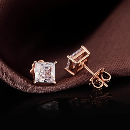 925 Sterling Silver Cubic Zirconia Stud Earrings for Women/Men Hypoallergenic Stud Earrings 4MM-8MM - style: F: Square Stud-Rose Color