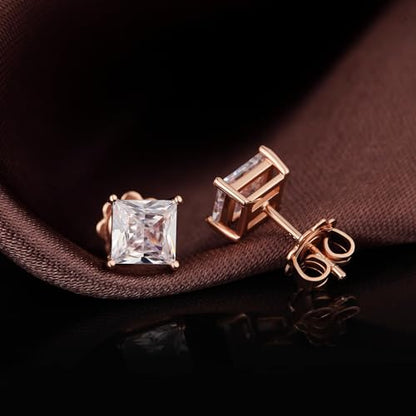 925 Sterling Silver Cubic Zirconia Stud Earrings for Women/Men Hypoallergenic Stud Earrings 4MM-8MM - style: F: Square Stud-Rose Color