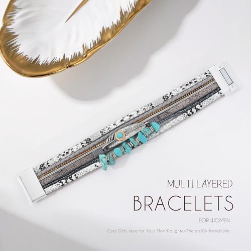Bracelets for Women, Gifts for Mom Her Christmas Gift 2026 Leather Bracelets for Women Birthday Gift for Daughter Inspirational Wrap Bracelet Sister Friend Teen Girl Gift Layered Stocking Stuffers Jewelry - style: Silver-Turquoise