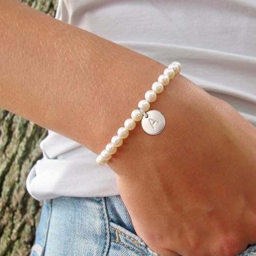 Pearl Initial Bracelet for Women | Gifts for Kids Teen Girls, Dainty Letter Pearl Bracelets for Women, Bridesmaid Proposal Wedding Bride Bridal Shower Gift - color: B-Silver