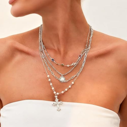 Cross Necklace for Women Gold Layered Long Cross Pendant Necklace Pearl Lariat Statement Necklaces Christian Gifts - color: C2:silver