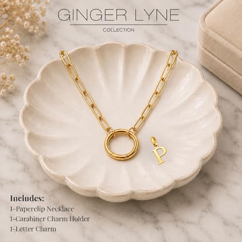 Paperclip Chain Carabiner Initial Charm Holder Necklace by Ginger Lyne | 18K Gold-Plated or Silver Tone Paperclip Chain with Carabiner Charm Holder, Adjustable 18-20 Inch, A-Z Initial Pendant - color: Gold-P