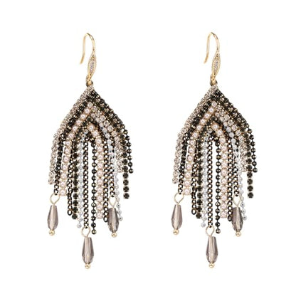 Fringe Dangling Tassel Earrings for Women, Handcrafted Chandelier Long Bohemian Beaded Cubic Zirconia Crystal Imitation Pearls Inlay Statement Boho Chain Hook Earrings for Wedding Party - color: Black Gold Hook