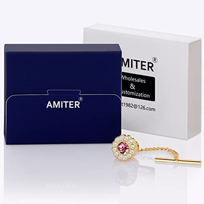 AMITER Crystal/Pearl Tie Tack with Chain, Gold Mens Tie Pin Necktie Pins Lapel Pin for Wedding Birthday Anniversary Party - color: 24k Gold+Pink Crystal