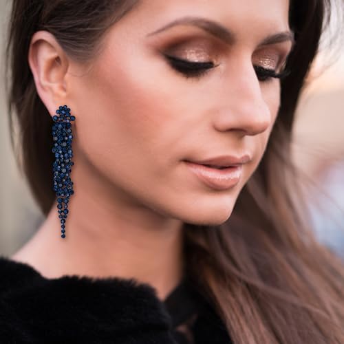 EVER FAITH Rhinestone Crystal Art Deco Statement Clip-on Earring, Wedding Prom Long Chandelier Dangle Earrings for Women - color: Sapphire Blue Black-Tone